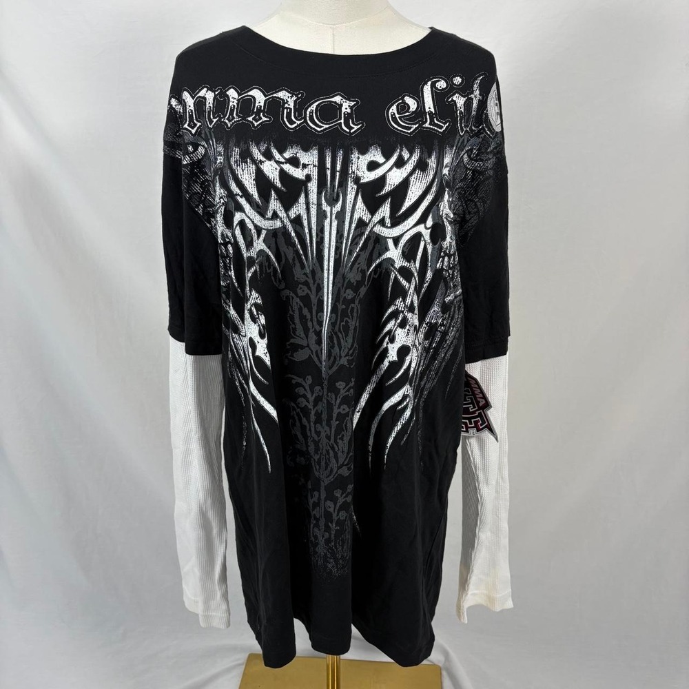 MMA Elite black white henley long sleeve shirt size large y2k grunge skater